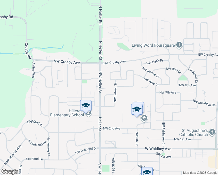 map of restaurants, bars, coffee shops, grocery stores, and more near 725 Northwest Lateen Street in Oak Harbor