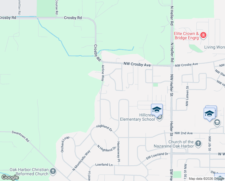 map of restaurants, bars, coffee shops, grocery stores, and more near 2027 Northwest Upsala Street in Oak Harbor