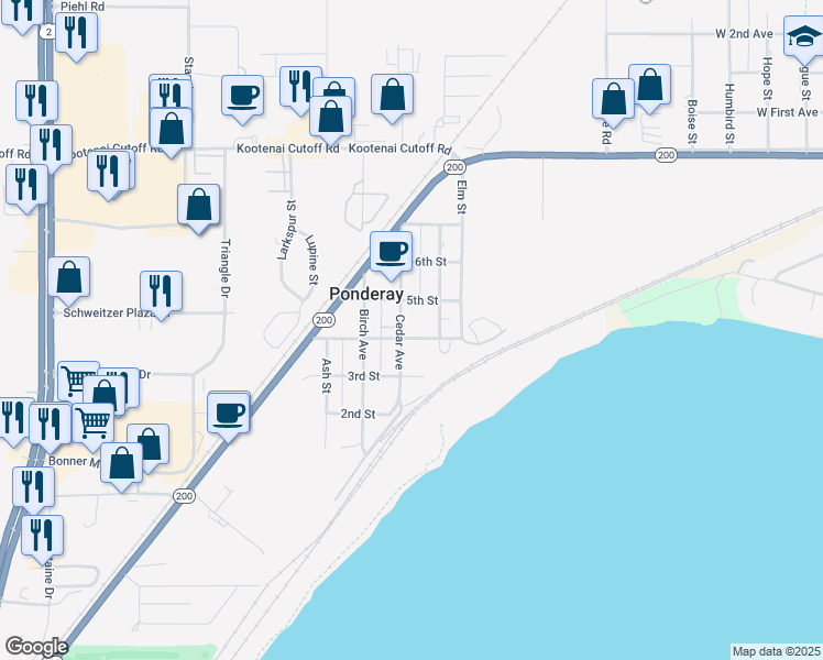 map of restaurants, bars, coffee shops, grocery stores, and more near 414 Cedar Street in Ponderay