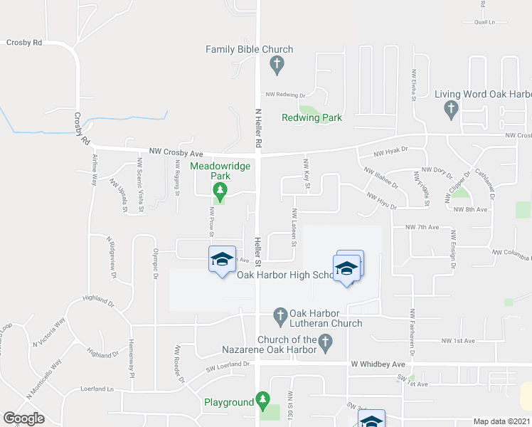 map of restaurants, bars, coffee shops, grocery stores, and more near 720 Northwest Heller Street in Oak Harbor