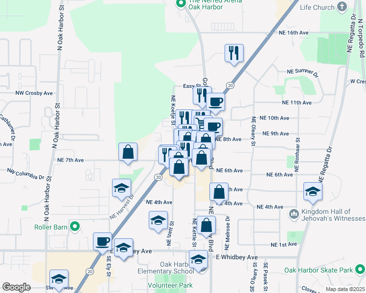 map of restaurants, bars, coffee shops, grocery stores, and more near 32760 State Route 20 in Oak Harbor