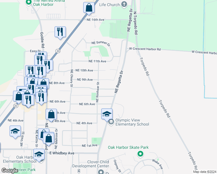 map of restaurants, bars, coffee shops, grocery stores, and more near 1920 Northeast 8th Avenue in Oak Harbor