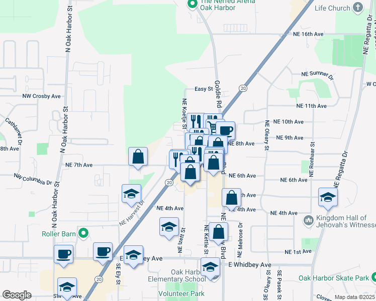 map of restaurants, bars, coffee shops, grocery stores, and more near 32760 State Route 20 in Oak Harbor