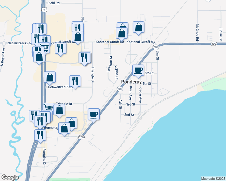 map of restaurants, bars, coffee shops, grocery stores, and more near 550 Larkspur Street in Ponderay