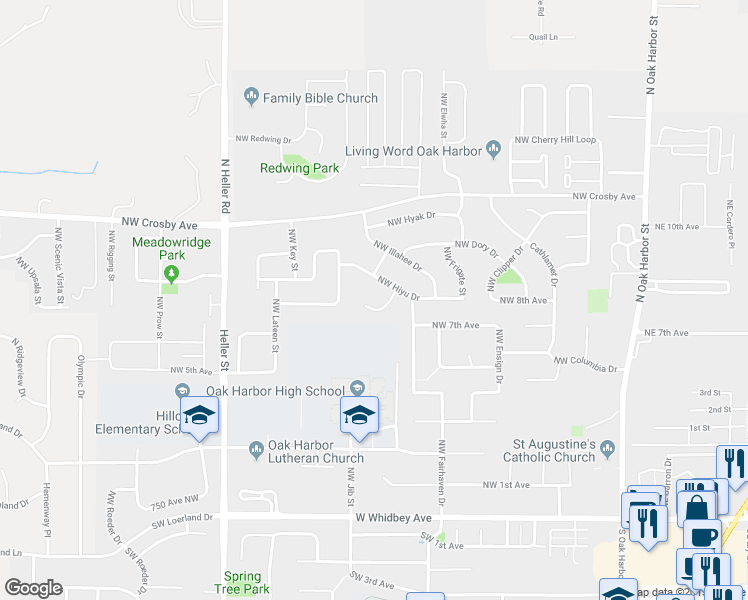 map of restaurants, bars, coffee shops, grocery stores, and more near 858 915 Avenue West in Oak Harbor