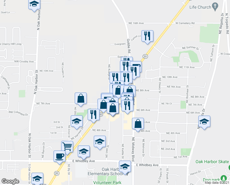 map of restaurants, bars, coffee shops, grocery stores, and more near 32760 State Route 20 in Oak Harbor