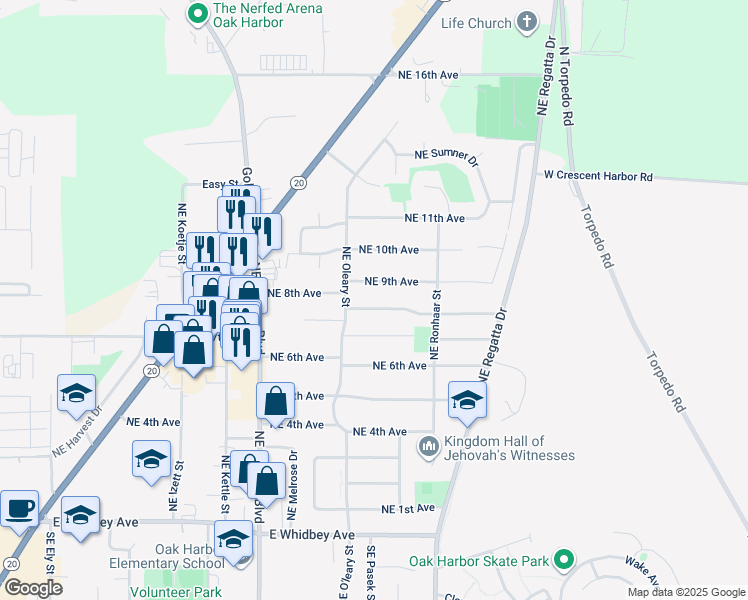 map of restaurants, bars, coffee shops, grocery stores, and more near 1620 Northeast 8th Avenue in Oak Harbor