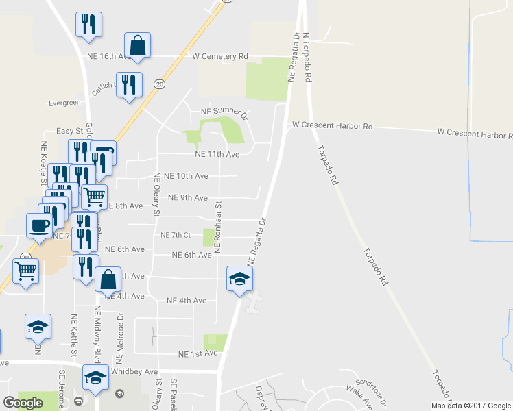 map of restaurants, bars, coffee shops, grocery stores, and more near 1920 Northeast 8th Avenue in Oak Harbor