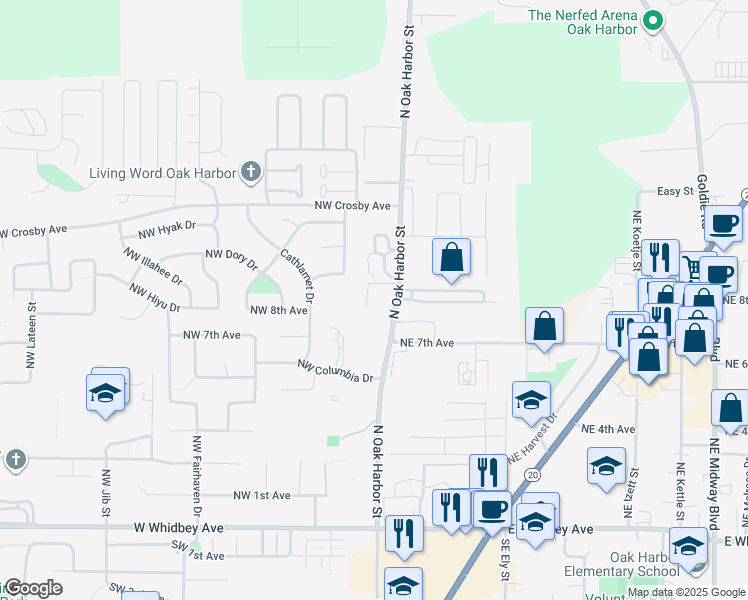 map of restaurants, bars, coffee shops, grocery stores, and more near 775 North Oak Harbor Street in Oak Harbor