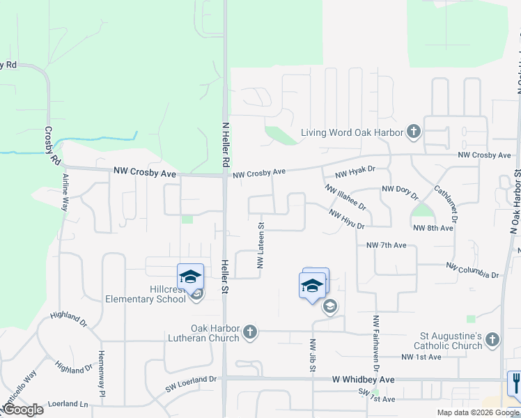map of restaurants, bars, coffee shops, grocery stores, and more near 1220 Northwest Lofton Loop in Oak Harbor