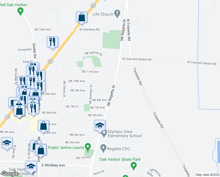 map of restaurants, bars, coffee shops, grocery stores, and more near 2061 Northeast 9th Avenue in Oak Harbor