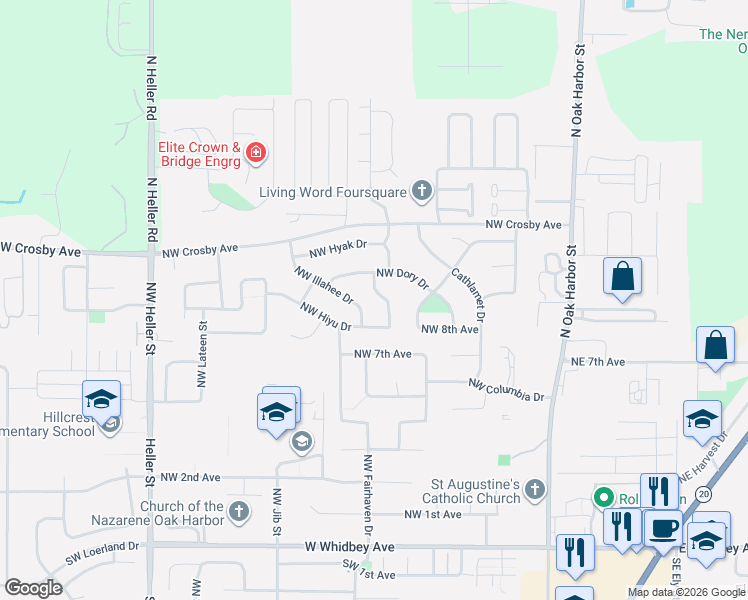 map of restaurants, bars, coffee shops, grocery stores, and more near 675 Northwest Dory Drive in Oak Harbor