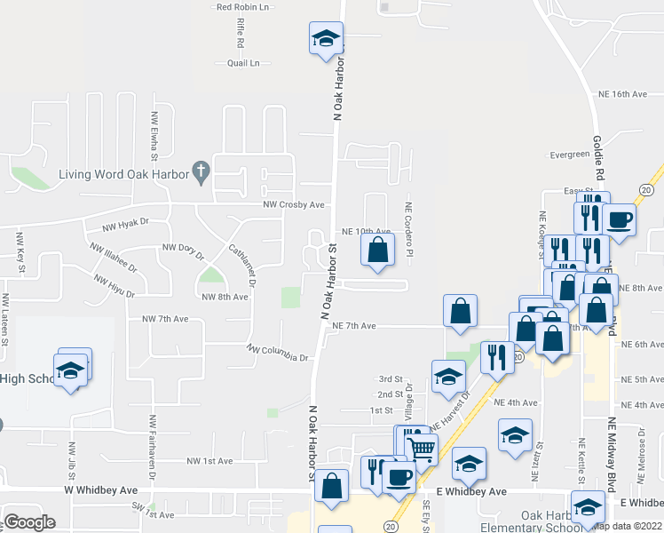 map of restaurants, bars, coffee shops, grocery stores, and more near 893 North Oak Harbor Street in Oak Harbor