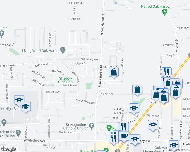 map of restaurants, bars, coffee shops, grocery stores, and more near 8689 North Oak Harbor Street in Oak Harbor
