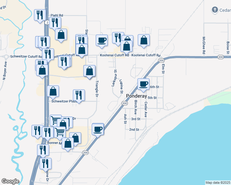 map of restaurants, bars, coffee shops, grocery stores, and more near 421 Larkspur Street in Ponderay