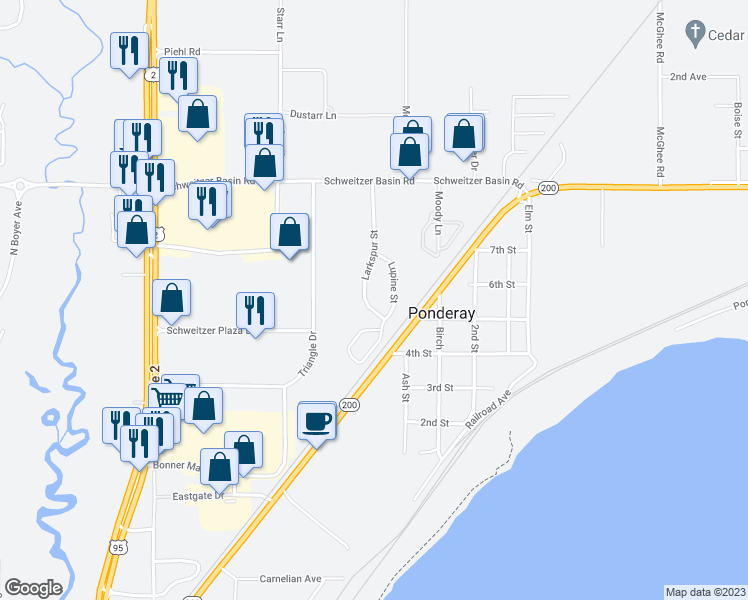 map of restaurants, bars, coffee shops, grocery stores, and more near 421 Larkspur Street in Ponderay