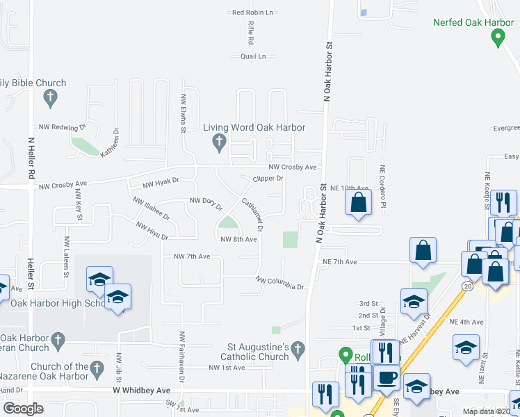 map of restaurants, bars, coffee shops, grocery stores, and more near 926 Cathlamet Drive in Oak Harbor