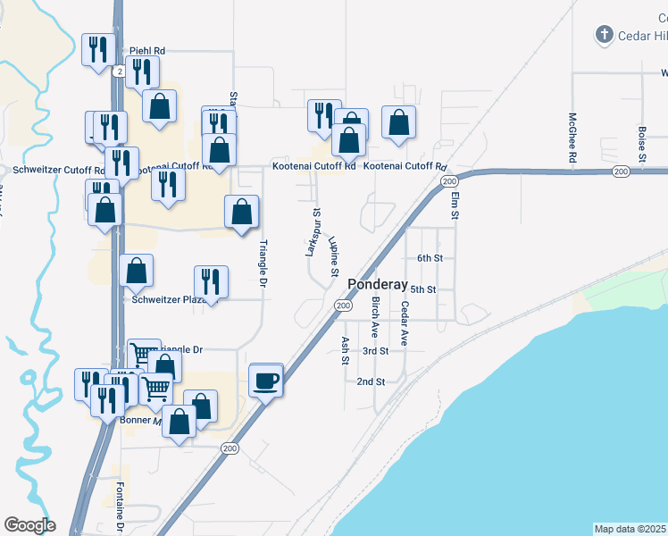map of restaurants, bars, coffee shops, grocery stores, and more near 421 Larkspur Street in Ponderay