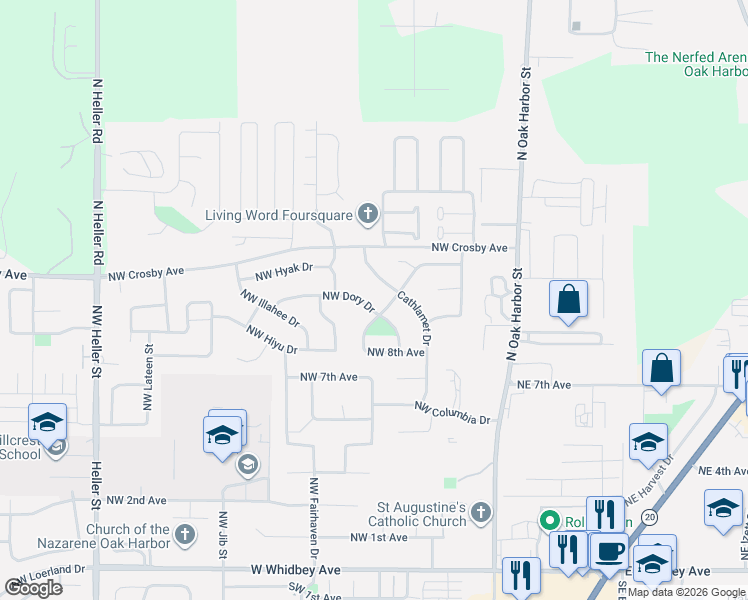 map of restaurants, bars, coffee shops, grocery stores, and more near 484 Northwest Clipper Drive in Oak Harbor