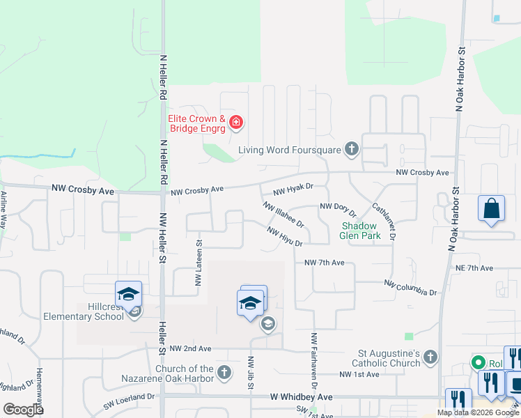 map of restaurants, bars, coffee shops, grocery stores, and more near 971 Northwest Illahee Drive in Oak Harbor