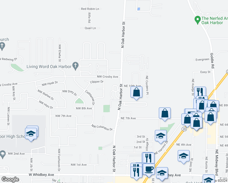 map of restaurants, bars, coffee shops, grocery stores, and more near 8689 North Oak Harbor Street in Oak Harbor
