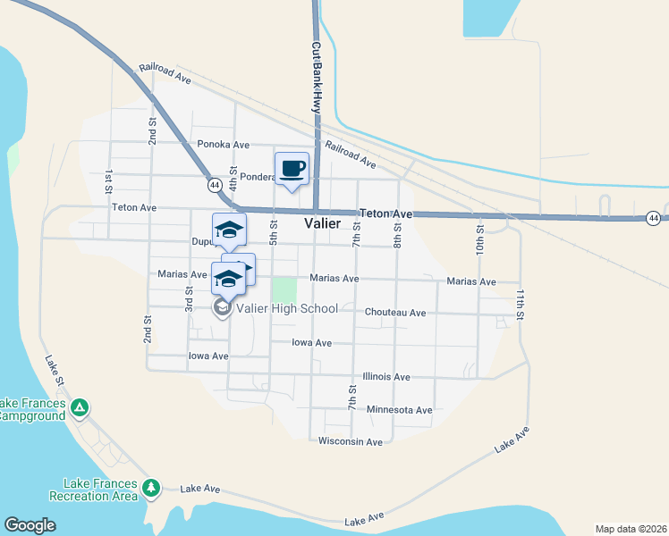 map of restaurants, bars, coffee shops, grocery stores, and more near 618 Marias Avenue in Valier