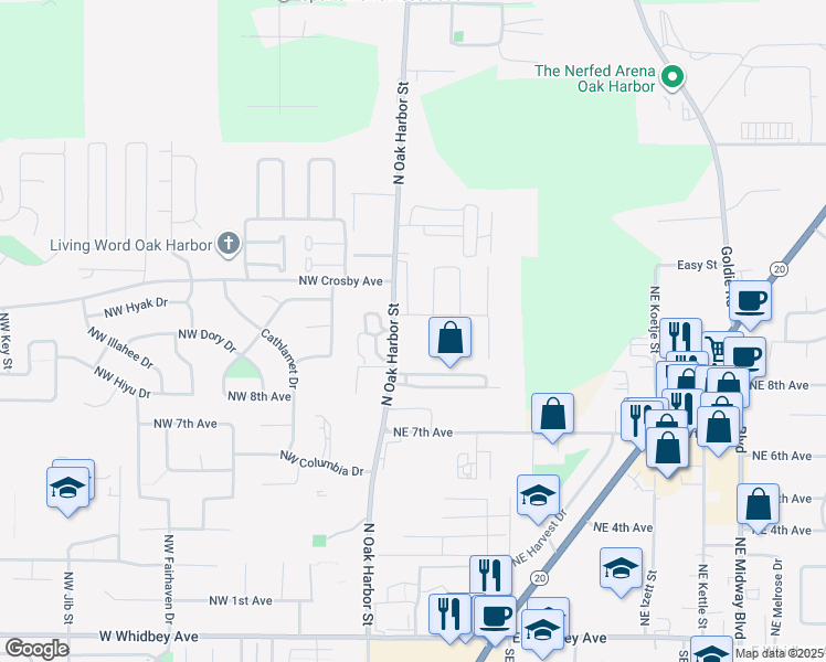 map of restaurants, bars, coffee shops, grocery stores, and more near 945 North Oak Harbor Road in Oak Harbor