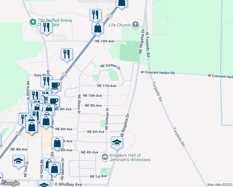 map of restaurants, bars, coffee shops, grocery stores, and more near 1880 Northeast 10th Avenue in Oak Harbor
