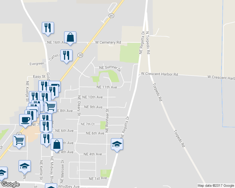 map of restaurants, bars, coffee shops, grocery stores, and more near 1880 Northeast 10th Avenue in Oak Harbor