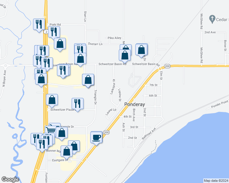 map of restaurants, bars, coffee shops, grocery stores, and more near 421 Larkspur Street in Ponderay