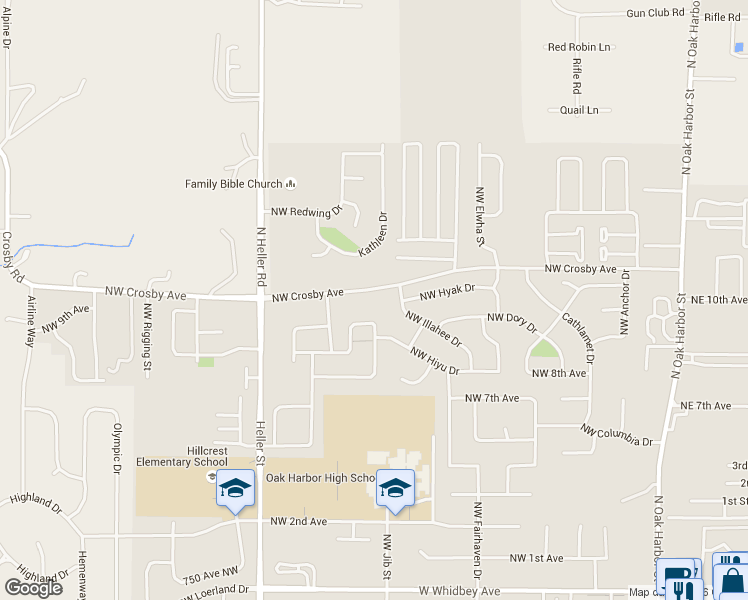 map of restaurants, bars, coffee shops, grocery stores, and more near 1030 Northwest Crosby Avenue in Oak Harbor
