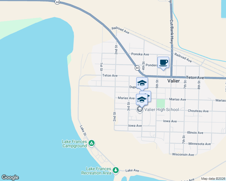 map of restaurants, bars, coffee shops, grocery stores, and more near 129 Conrad Dupuyer Road in Valier