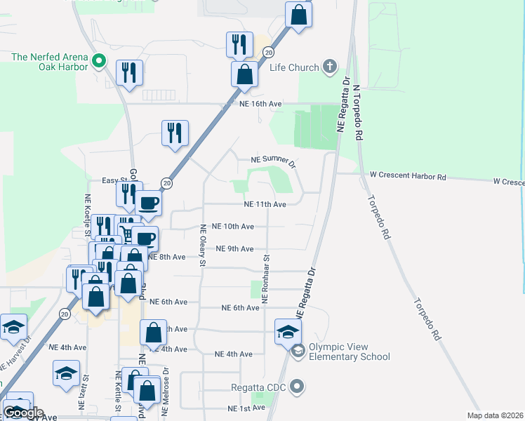 map of restaurants, bars, coffee shops, grocery stores, and more near 1189 Northeast Riksen Way in Oak Harbor