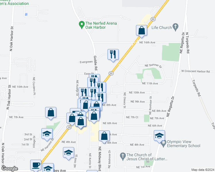 map of restaurants, bars, coffee shops, grocery stores, and more near 1151 Northeast Nash Terrace in Oak Harbor