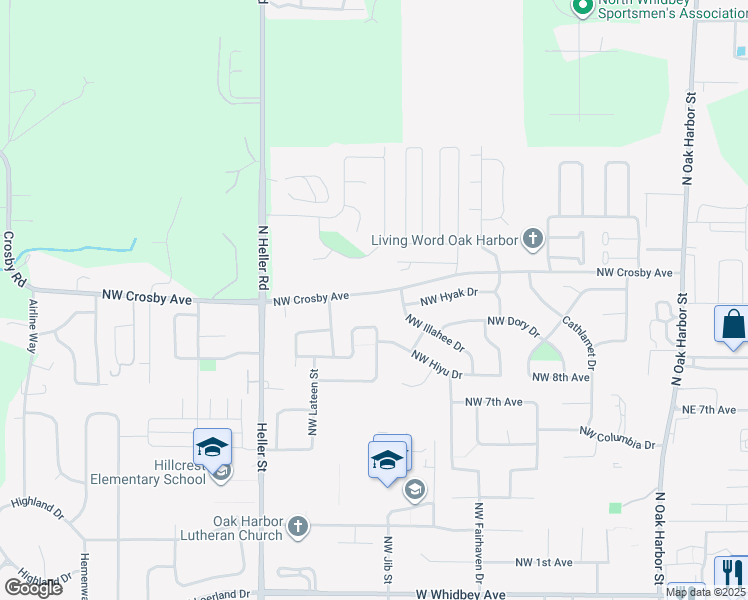 map of restaurants, bars, coffee shops, grocery stores, and more near 1001 Northwest Crosby Avenue in Oak Harbor