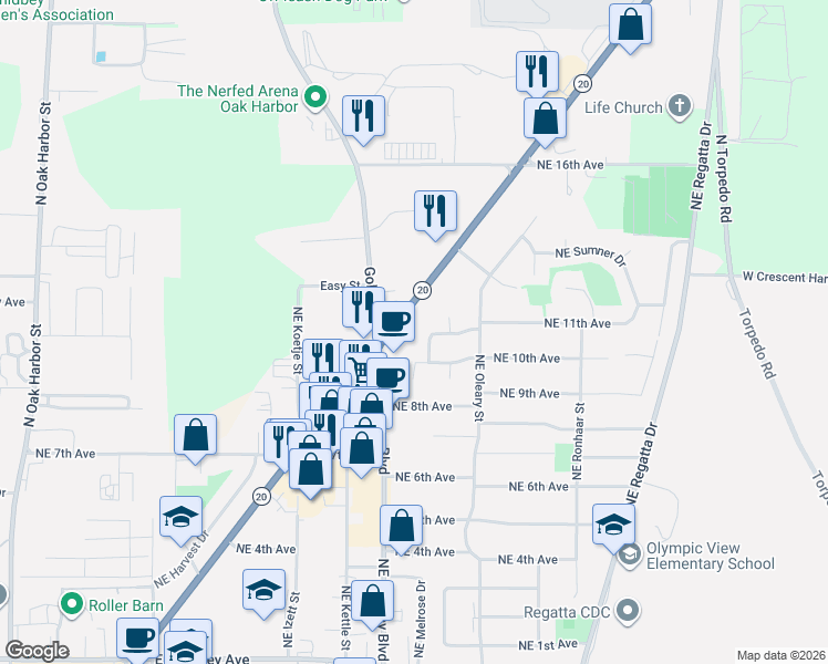 map of restaurants, bars, coffee shops, grocery stores, and more near 1151 Northeast Nash Terrace in Oak Harbor