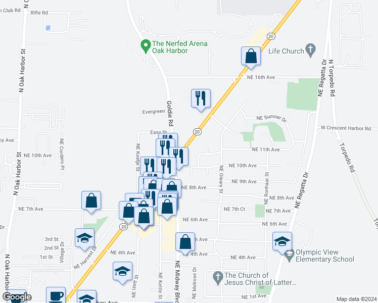 map of restaurants, bars, coffee shops, grocery stores, and more near 33010 Washington 20 in Oak Harbor