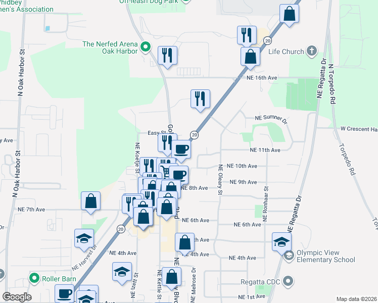 map of restaurants, bars, coffee shops, grocery stores, and more near 33020 State Route 20 in Oak Harbor