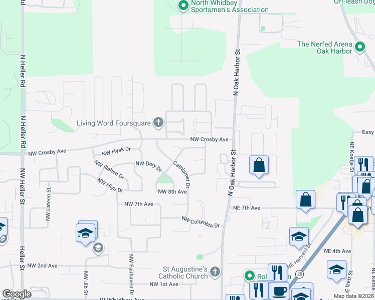 map of restaurants, bars, coffee shops, grocery stores, and more near 280 Northwest Clipper Drive in Oak Harbor