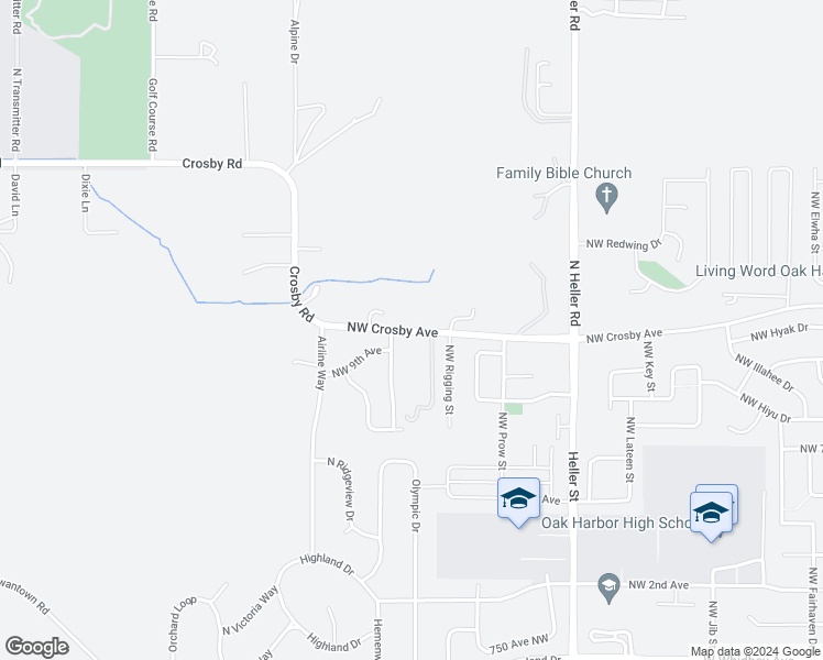 map of restaurants, bars, coffee shops, grocery stores, and more near 1800 Northwest Crosby Avenue in Oak Harbor