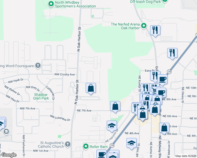 map of restaurants, bars, coffee shops, grocery stores, and more near 1079 Northeast Cordero Place in Oak Harbor