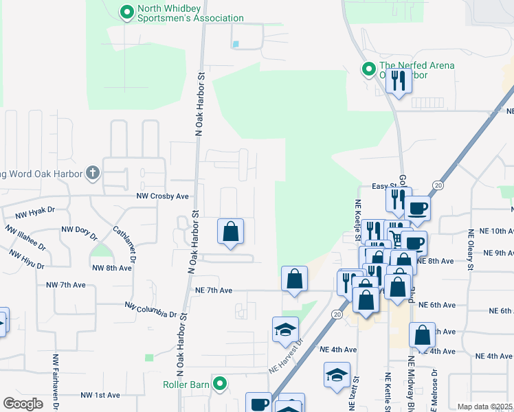 map of restaurants, bars, coffee shops, grocery stores, and more near 1048 Northeast Cordero Place in Oak Harbor
