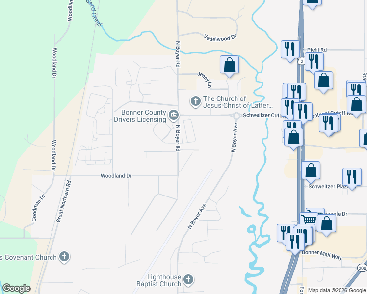 map of restaurants, bars, coffee shops, grocery stores, and more near 624 Roberson Way in Sandpoint