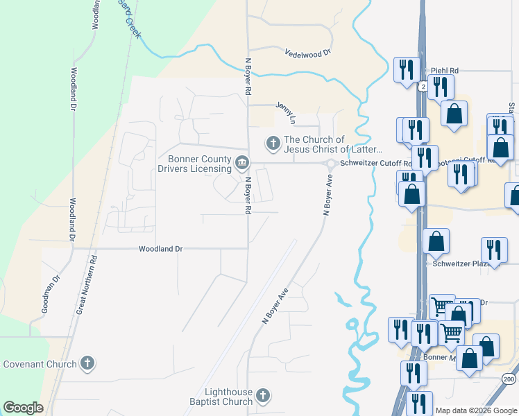map of restaurants, bars, coffee shops, grocery stores, and more near 624 Roberson Way in Sandpoint