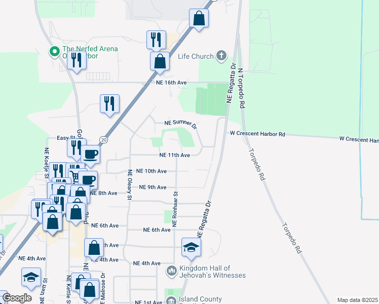 map of restaurants, bars, coffee shops, grocery stores, and more near 1864 Northeast 11th Avenue in Oak Harbor