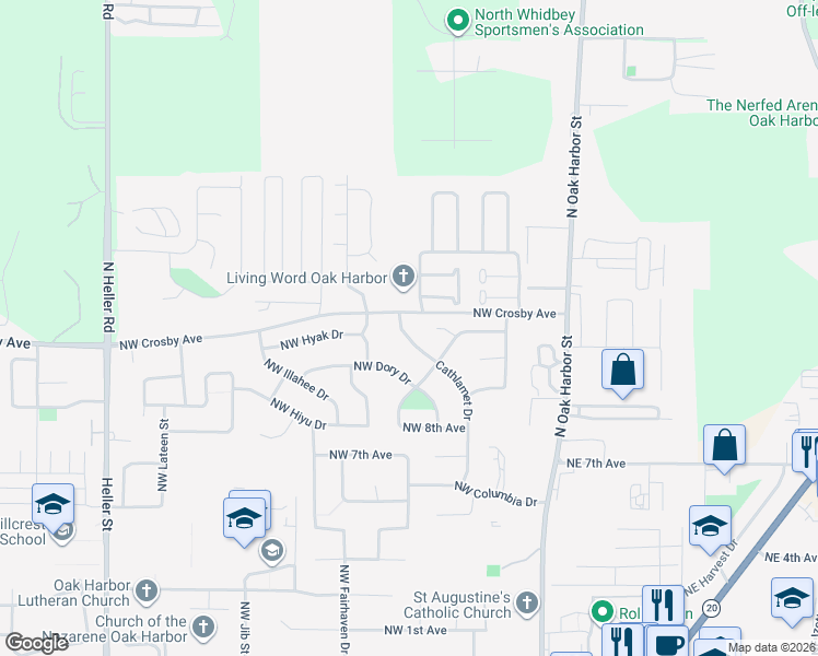 map of restaurants, bars, coffee shops, grocery stores, and more near 1070 Cathlamet Drive in Oak Harbor