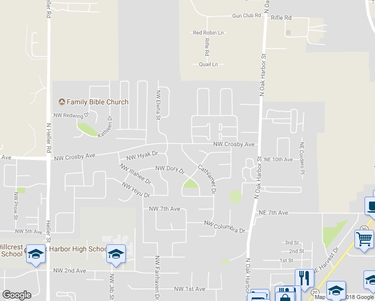 map of restaurants, bars, coffee shops, grocery stores, and more near 1070 Cathlamet Drive in Oak Harbor