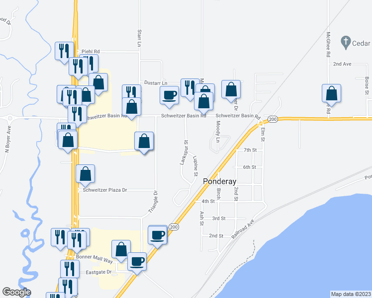 map of restaurants, bars, coffee shops, grocery stores, and more near Larkspur Street in Ponderay