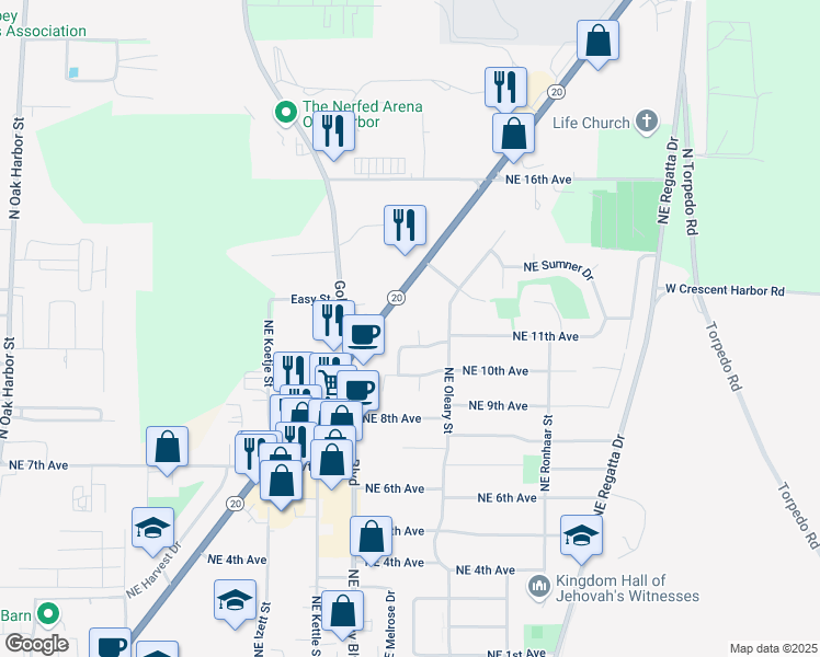 map of restaurants, bars, coffee shops, grocery stores, and more near 1151 Northeast Nash Terrace in Oak Harbor