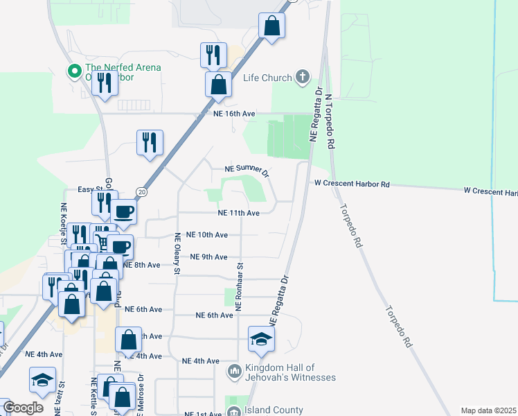 map of restaurants, bars, coffee shops, grocery stores, and more near 1864 Northeast 11th Avenue in Oak Harbor